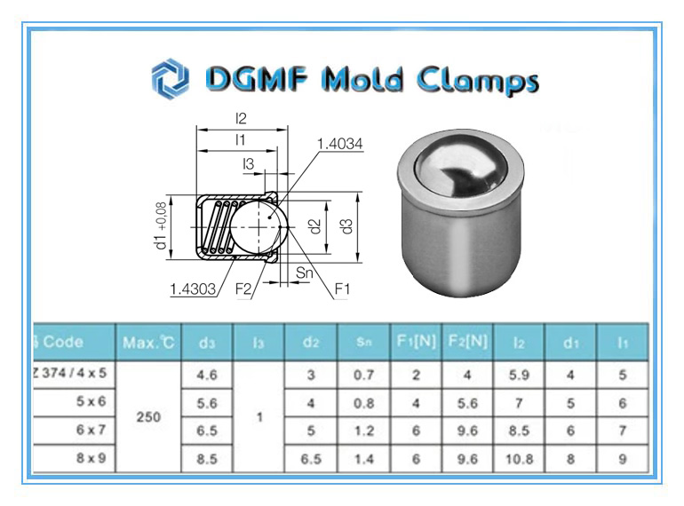 DGMF Mold Clamps Co., Ltd - Ball Catch Spring Plunger Z374 Press Fitting Ball Plunger Drawing and Specifications