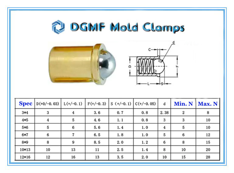 DGMF Mold Clamps Co., Ltd - Brass Short Press-Fit Ball Plunger Smooth, With Collar and Ball Drawing and Specifications