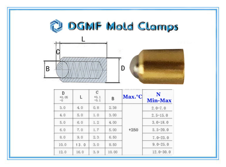 DGMF Mold Clamps Co., Ltd - Brass Smooth Version Spring Plunger No Collar Drawing and Specifications