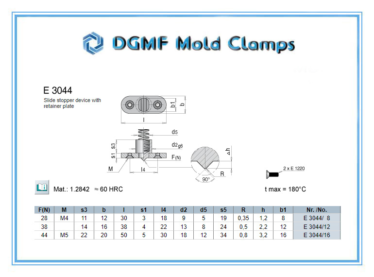 DGMF Mold Clamps Co., Ltd - E3044 Slide Stopper Device With Retainer Plate Drawing and Specification