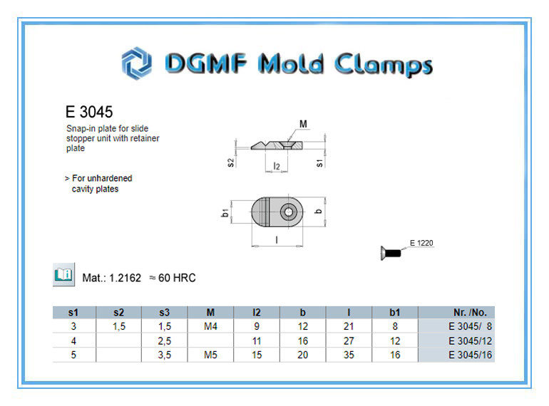 DGMF Mold Clamps Co., Ltd - E3045 Slide Stopper Unit With Retainer Plate Drawing and Specification