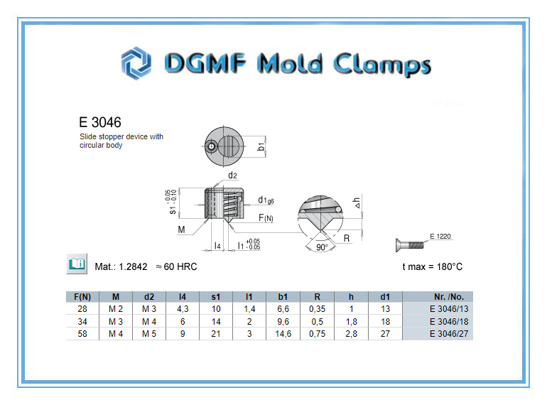 DGMF Mold Clamps Co., Ltd - E3046 Slide Stopper Device With a Circular Body for Mold Making Drawing and Specification