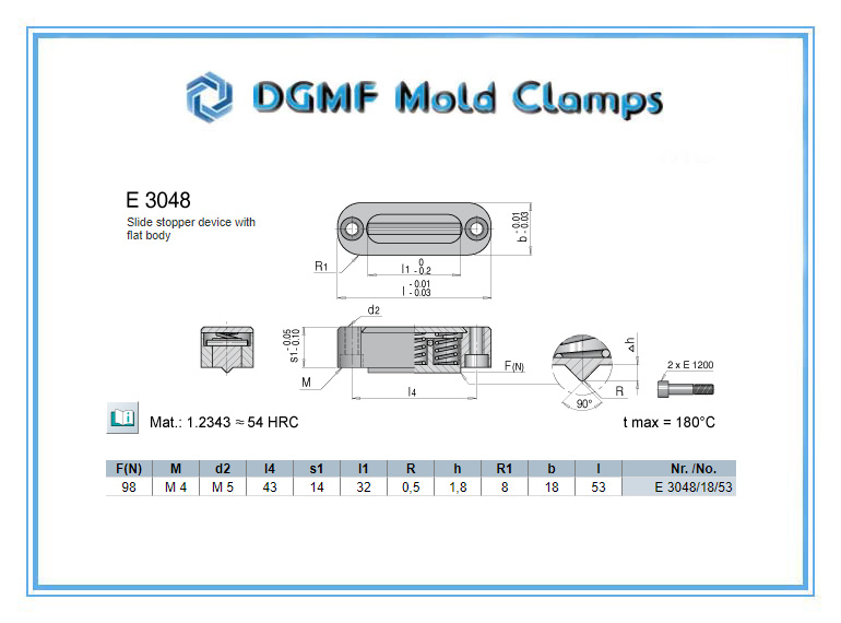 DGMF Mold Clamps Co., Ltd - E3048 Slide Stopper Device With a Flat Body Drawing and Specification