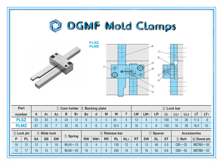 DGMF Mold Clamps Co., Ltd - Injection Mold Component PLSZ Latch Pull PLMZ Parting Lock Set Drawing