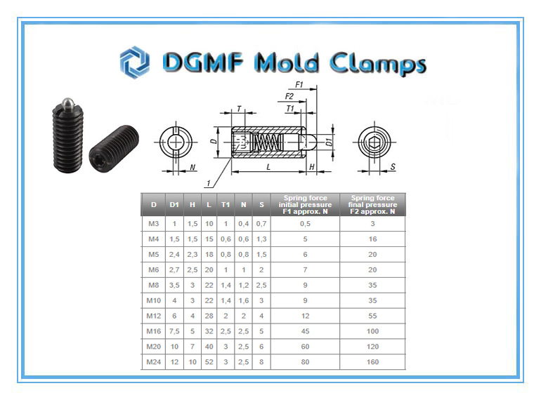 DGMF Mold Clamps Co., Ltd - K0317 Spring Plunger With Hexagon Socket And Thrust Pin Drawing and Specifications