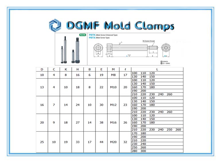 DGMF Mold Clamps Co., Ltd - Male Thread Puller Bolts for Three-Plate Mold Drawing and Specifications