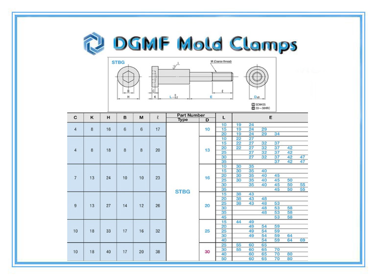 DGMF Mold Clamps Co., Ltd - Male Thread Stop Bolt Drawing and Specs