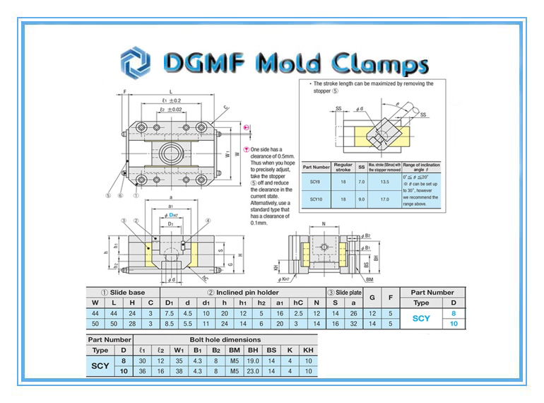 DGMF Mold Clamps Co., Ltd - Oil-Free Slide Units For Loose Core SCY Series Drawing and Specifications