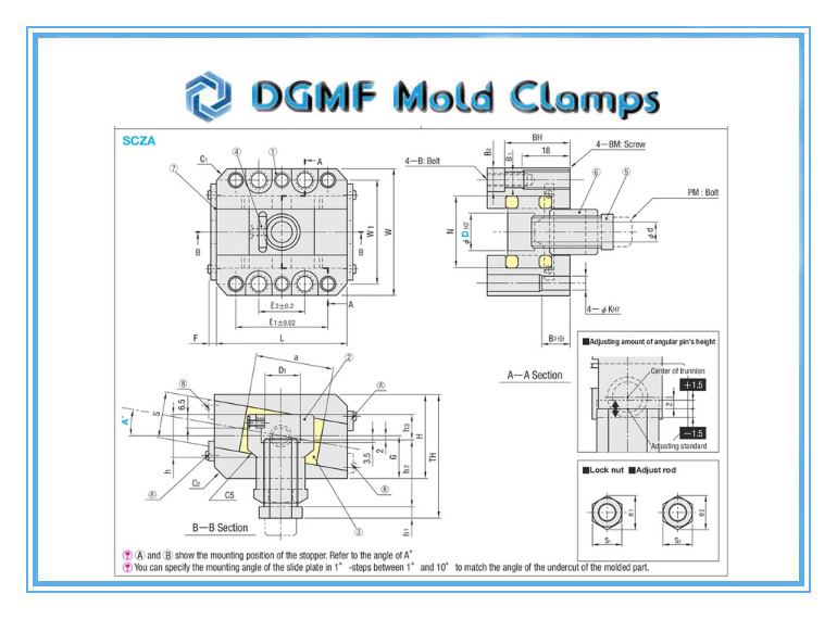 DGMF Mold Clamps Co., Ltd - Oil-Free Slide Units For Loose Core Standard Adjusting-Type SCZA Series Drawing