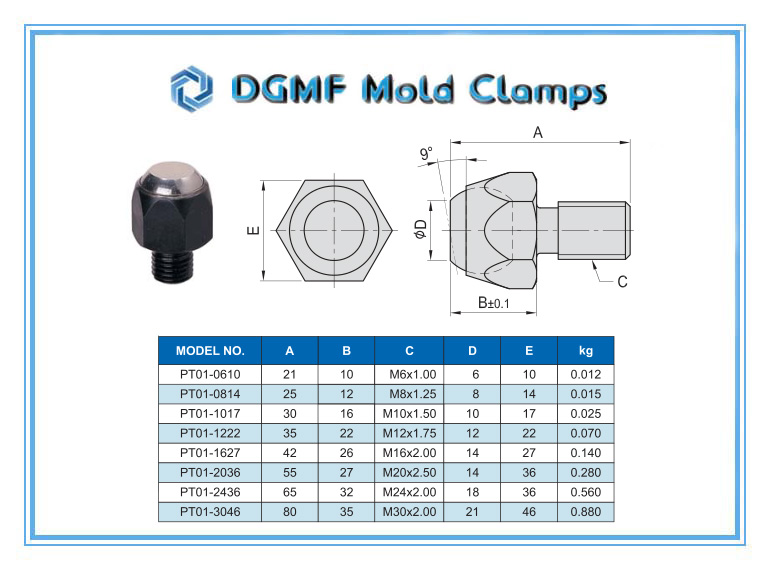 DGMF Mold Clamps Co., Ltd - PT01 Smooth Ball End Bolt Drawing and Specifications