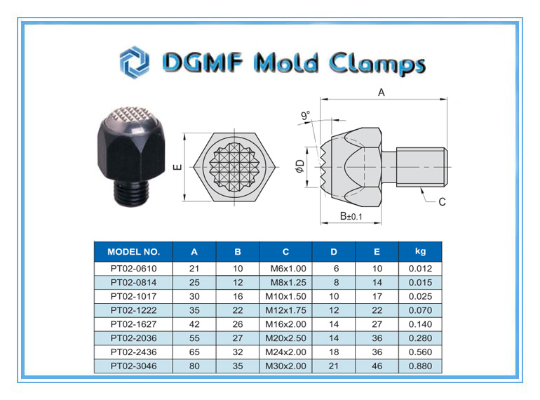 DGMF Mold Clamps Co., Ltd - PT02 Serrated Ball End Bolt Drawing and Specifications