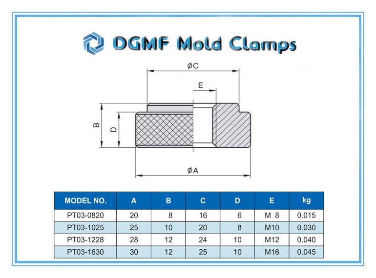 DGMF Mold Clamps Co., Ltd - PT03 Knurled Nut Drawing and Specifications