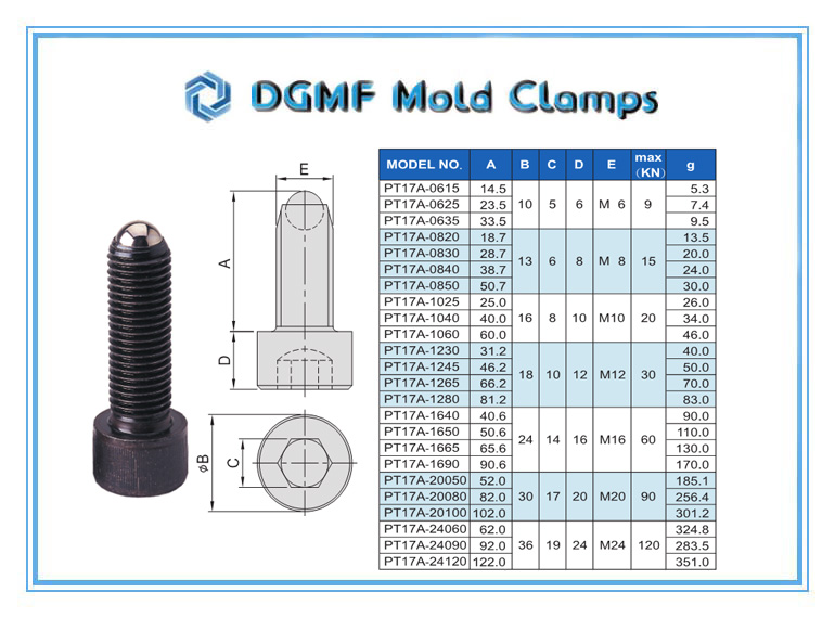 DGMF Mold Clamps Co., Ltd - PT17A Round-End Swivel Shoulder Screw Drawing and Specifications