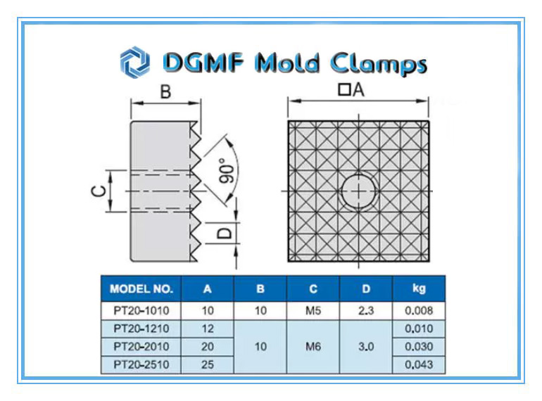 DGMF Mold Clamps Co., Ltd - PT20 Square Serrated Gripper Pad Drawing and Specifcations