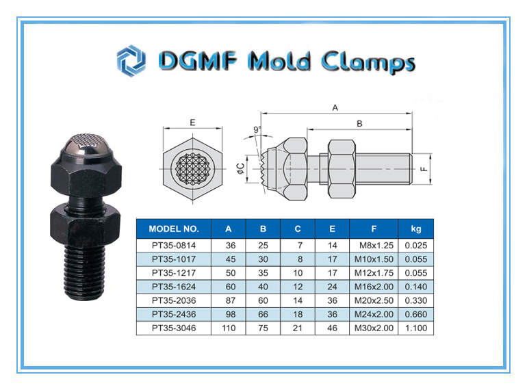 DGMF Mold Clamps Co., Ltd - PT35 Serrated-type End Bolt Swiveling Jack Screw Drawing and Specifications