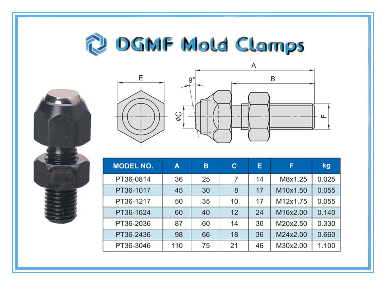 DGMF Mold Clamps Co., Ltd - PT36 Flat-type End Bolt Swiveling Jack Screw Drawing and Specifications