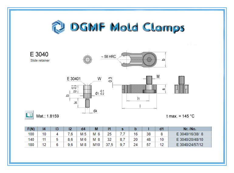 DGMF Mold Clamps Co., Ltd - Plastic Injection Mold Component E3040 Slide Retainer Drawing and Specification