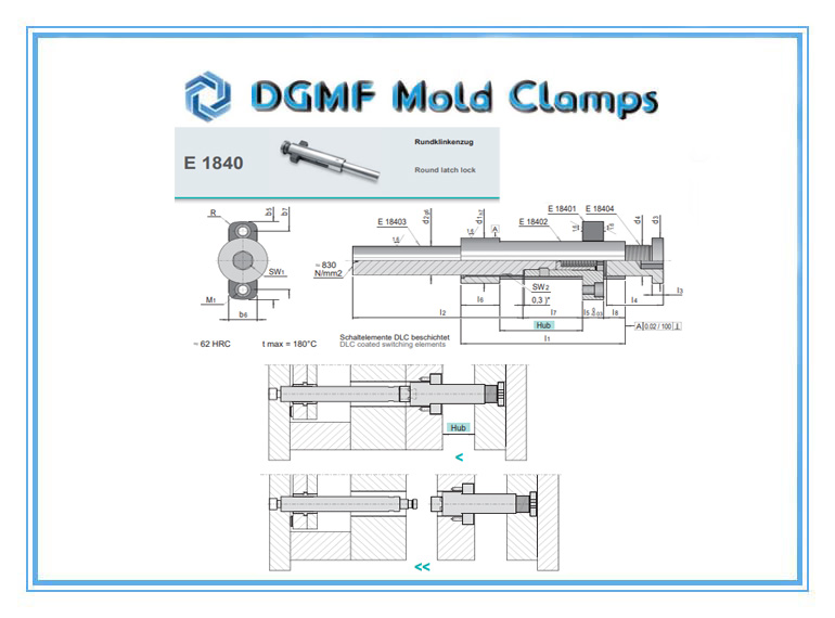 DGMF Mold Clamps Co., Ltd - Plastic Mold Component Round Latch Locking Unit E 1840 Drawing and Usage