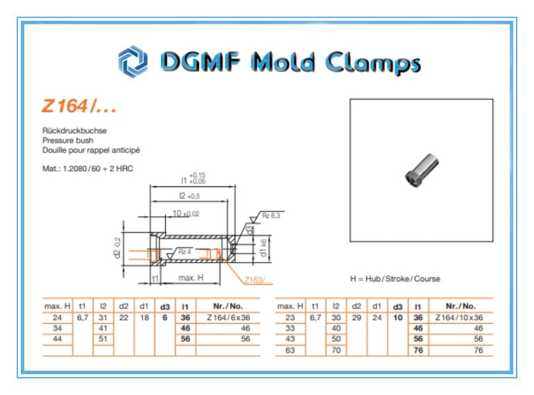 DGMF Mold Clamps Co., Ltd - Push-Back Units Z164 Pressure Bush Drawing and Specifications