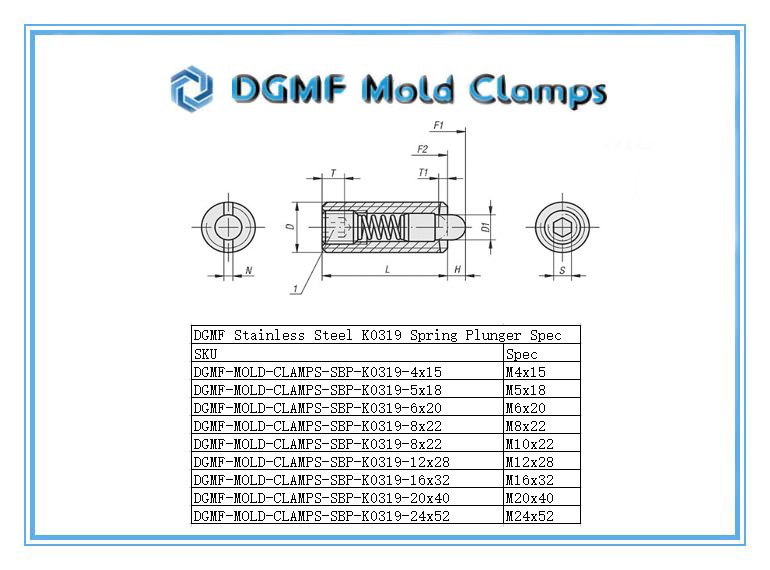 DGMF Mold Clamps Co., Ltd - SS K0319 Threaded Spring Plunger Drawing and Specifications