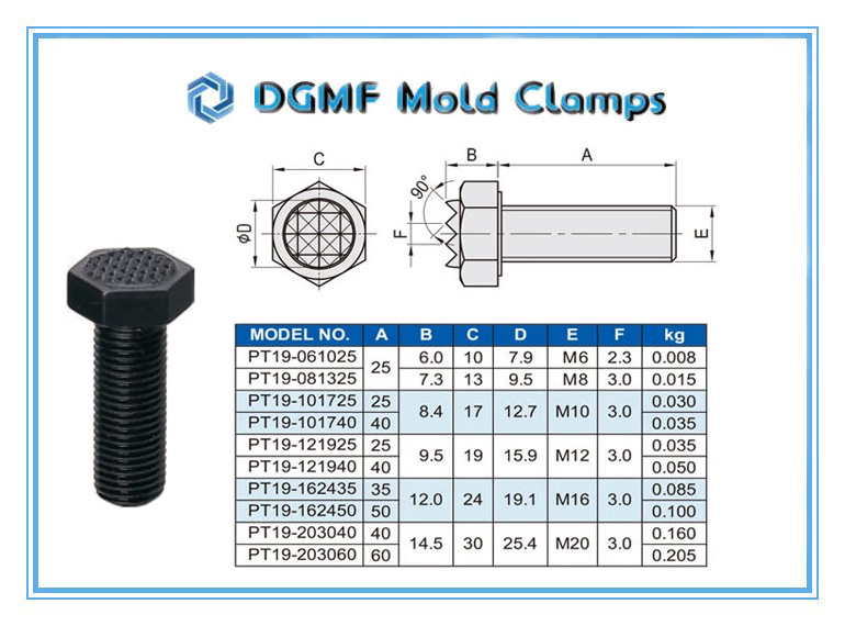 DGMF Mold Clamps Co., Ltd - Serrated Surface PT19 Gripper Hex Head Screw Drawing and Specifications