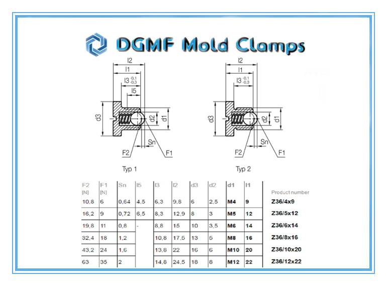 DGMF Mold Clamps Co., Ltd - Slotted Flat Head Z36 Ball Plunger Spring Ball Bead Screw Drawing and Specification