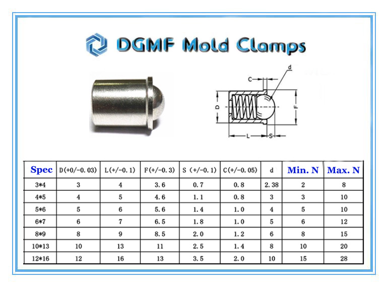 DGMF Mold Clamps Co., Ltd - Smooth Stainless Steel Spring Plunger With Collar And Ball Drawing and Specifications