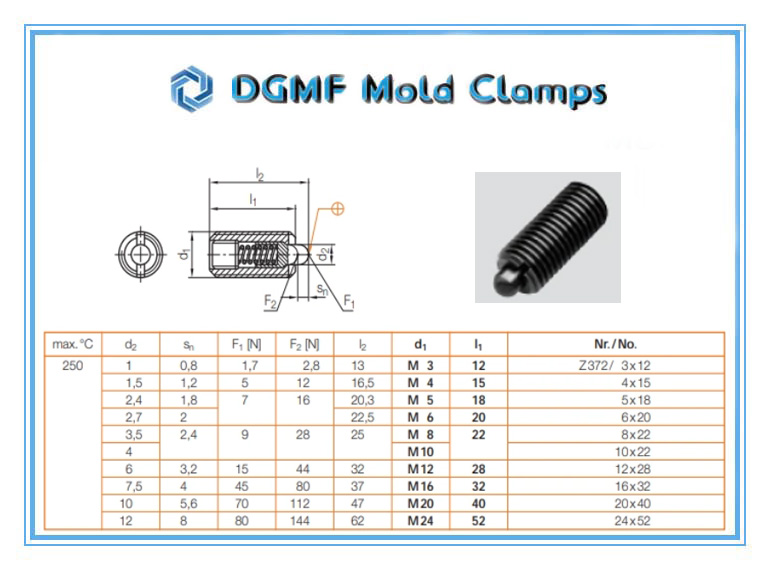 DGMF Mold Clamps Co,. Ltd - Spring Plunger Z372 Threaded Bolt Drawing and Specifications