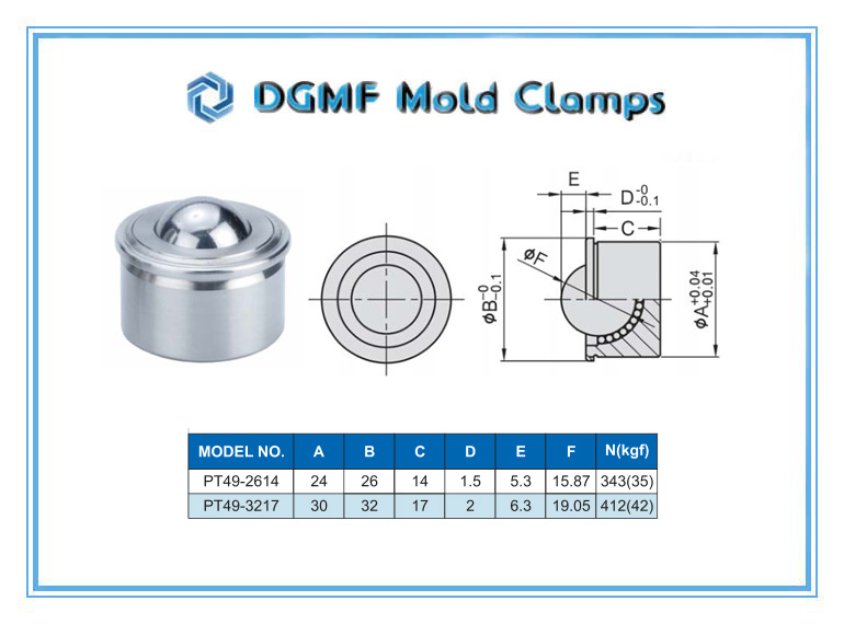 DGMF Mold Clamps Co., Ltd - Stainless Steel PT49 Press-fit Ball Roller Drawing and Specifications