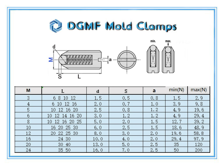 DGMF Mold Clamps Co., Ltd - Threaded Spring Plunger With Ball And Slot Drawing and Specifications