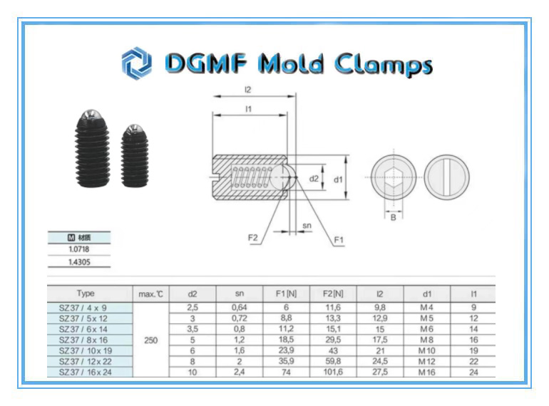 DGMF Mold Clamps Co., Ltd - Threaded With Screw Driver Slotted Head Z37 Spring Plunger Drawing and Specifications