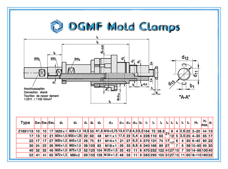 DGMF Mold Clamps Co., Ltd - Two-stage Ejector Z1691 Flange Drawing and Specifications